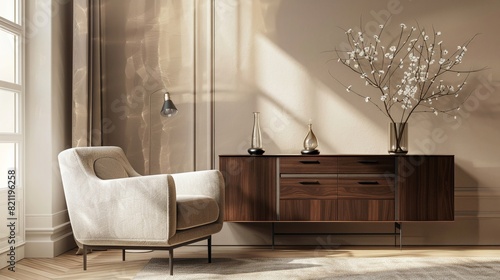 Contemporary room with a chic armchair and elegant sideboard neutral colors soft lighting modern design
