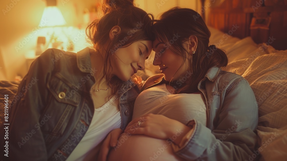 Affectionate Lesbian Couple Moment in Cozy Bedroom - Expectant Partner Receives Loving Kiss Affectionate Lesbian Couple Moment in Cozy Bedroom - Expectant Partner Receives Loving Kiss