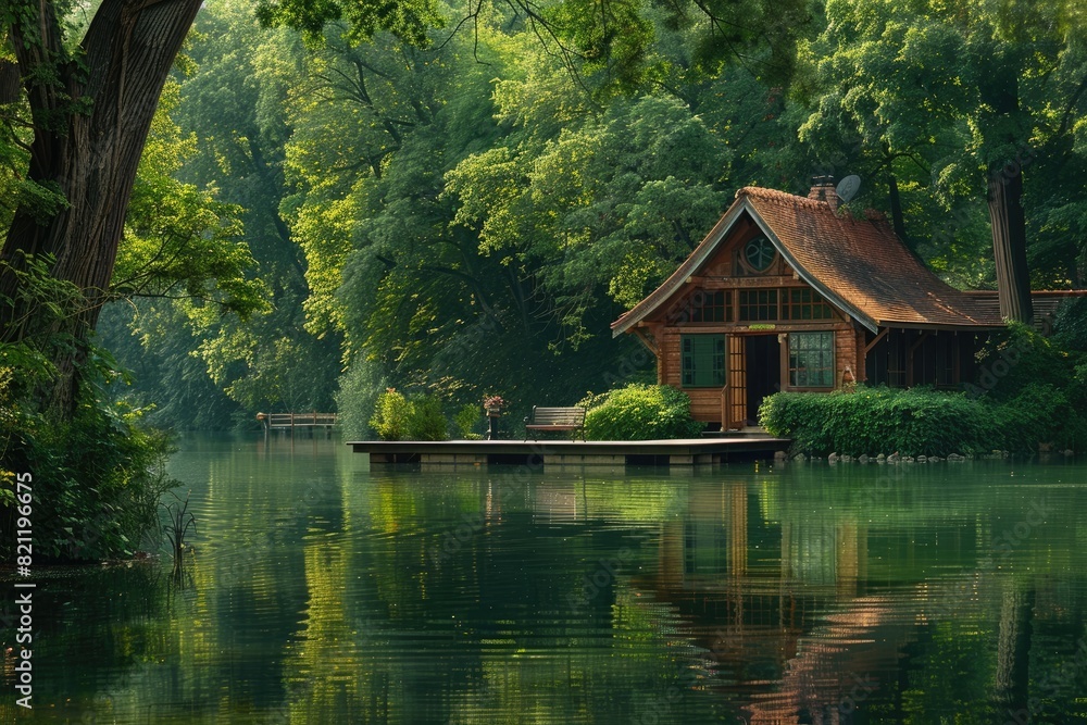 A charming summer house nestled among lush greenery, with a private dock extending into a tranquil lake, surrounded by towering trees reflecting in the calm water, evoking a sense of serenity 