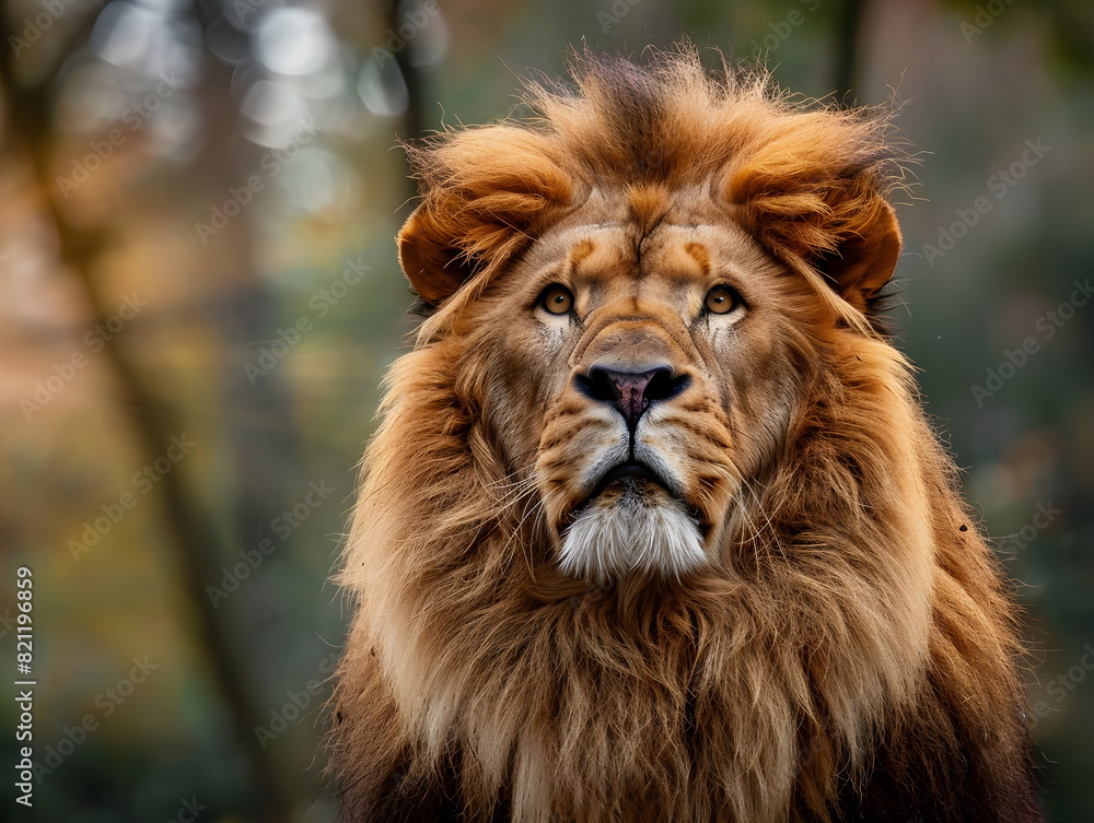 Majestic Male Lion with Golden Mane in Natural Habitat | Intense Gaze | Close-Up Wildlife Animal Portrait | Blurred Green Background & Bokeh | Detailed Fur Texture & Captivating Presence