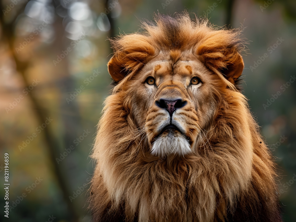 Fototapeta premium Majestic Male Lion with Golden Mane in Natural Habitat | Intense Gaze | Close-Up Wildlife Animal Portrait | Blurred Green Background & Bokeh | Detailed Fur Texture & Captivating Presence