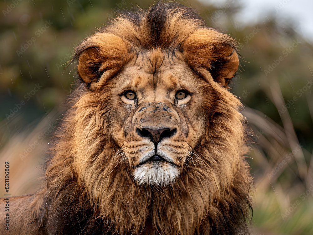 Fototapeta premium Majestic Lion with Thick Mane and Piercing Eyes in Blurred Green and Brown Background Detailed Fur Texture and Regal Wildlife Beauty Captured Perfectly