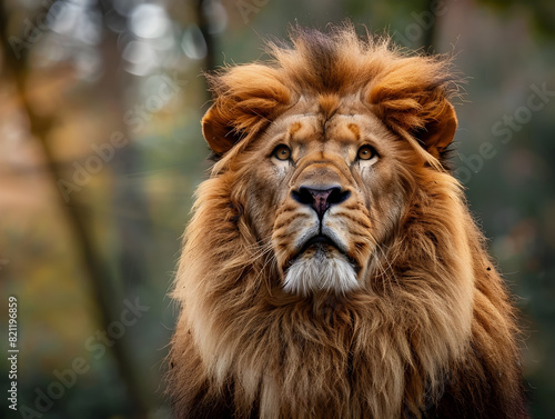 Majestic Male Lion with Golden Mane in Natural Habitat   Intense Gaze   Close-Up Wildlife Animal Portrait   Blurred Green Background   Bokeh   Detailed Fur Texture   Captivating Presence