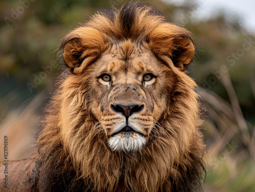 Majestic Lion with Thick Mane and Piercing Eyes in Blurred Green and Brown Background Detailed Fur Texture and Regal Wildlife Beauty Captured Perfectly