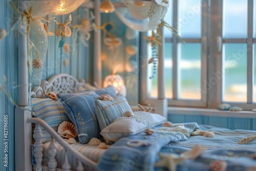 A charming dollhouse beach house bedroom with a miniature canopy bed adorned with seashell garlands, and tiny windows framing views of the ocean photo