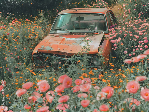 Abandoned Red Car Partially Buried in Vibrant Flower Field Weathered Rusty Vehicle Amidst Pink, Orange, and Yellow Roses & Daisies Nature Reclaiming Man-Made Decay for Nostalgic Scene photo