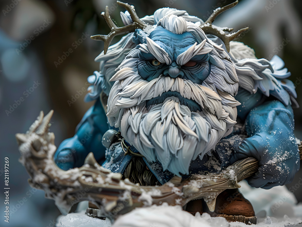 Fototapeta premium Highly Detailed Blue-Skinned Mythical Ice Creature Figurine with Bushy White Beard, Fur-Lined Cloak, and Elaborate Icy Staff, Perfect for Winter-Themed Decor and Collectible Enthusiasts