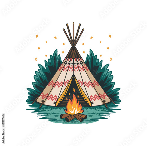 A campfire burning in front of a traditional tipi beneath a few twinkling stars.