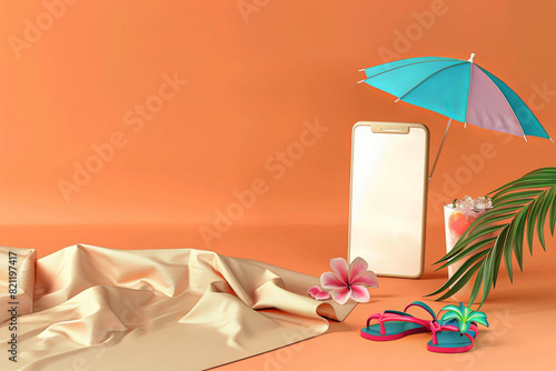 a beach towel, flip flops and a cocktail umbrella