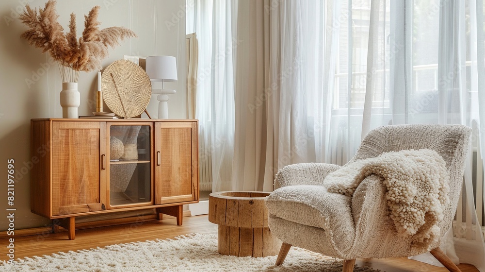 Scandinavianinspired living space with a comfortable armchair and sleek cabinet neutral tones bright and airy Scandinavianinspired living space with a comfortable armchair and sleek cabinet neutral tones bright and airy