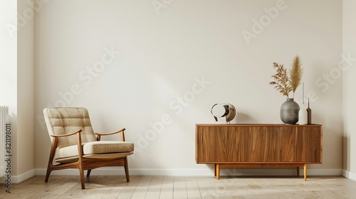 Minimalist living space featuring a vintage armchair and sleek sideboard neutral tones cozy and welcoming ambiance
