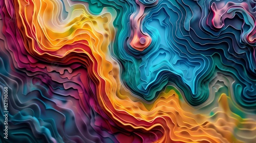 Dynamic glowing topographical map created with a random mix of tempera colors, liquid and modern
