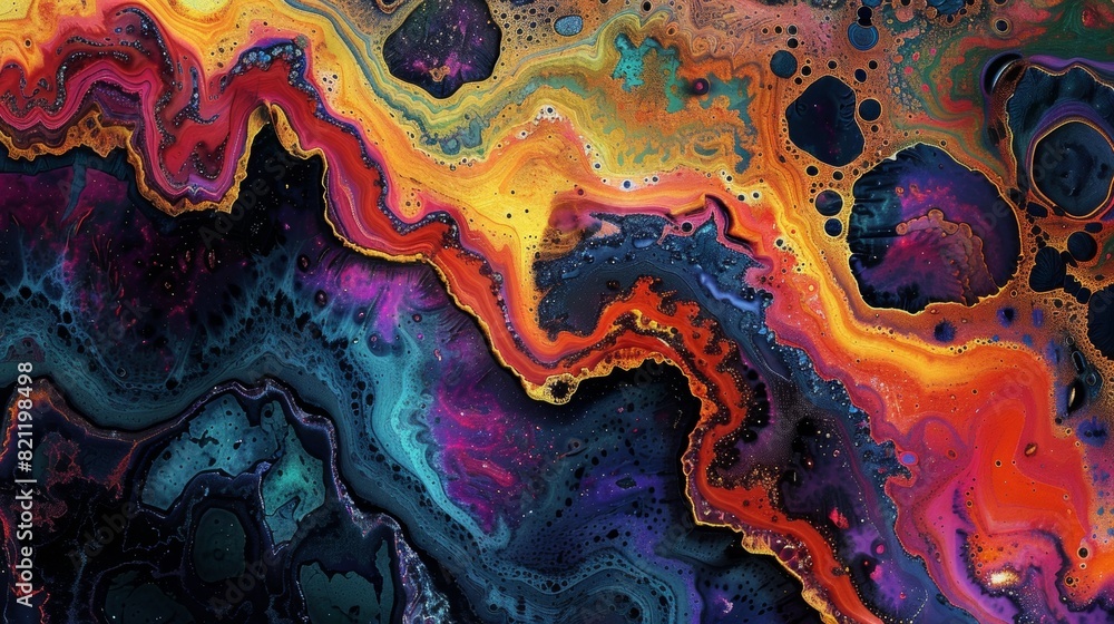 Obraz premium Abstract glowing topographical map created with liquid tempera colors, modern and vibrant