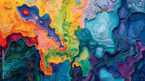 Abstract glowing topographical map created with liquid tempera colors, modern and vibrant