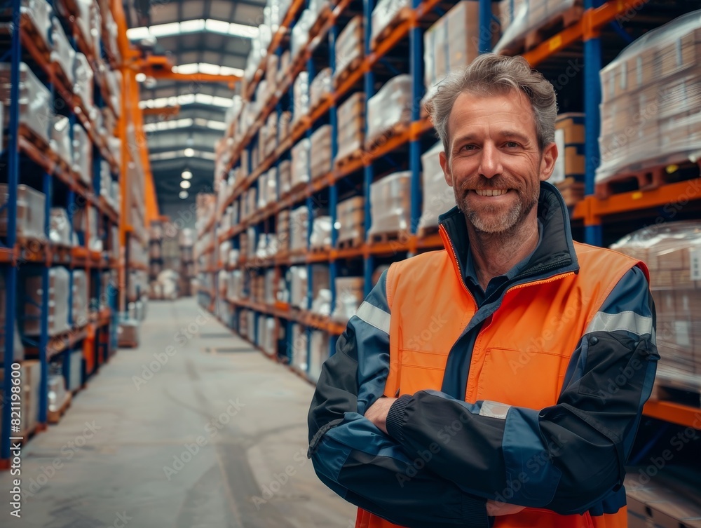 A man in a yellow safety vest stands in a warehouse with a forklift behind him A man in a yellow safety vest stands in a warehouse with a forklift behind him