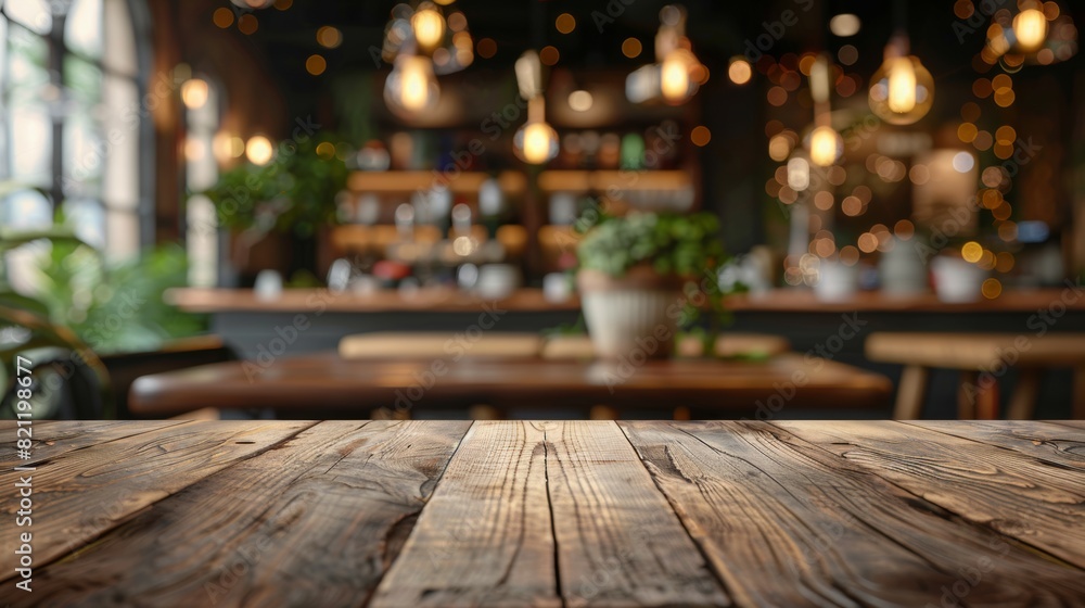 empty wooden tabletop with a blurred background of a bustling restaurant, perfect for showcasing food and drinks empty wooden tabletop with a blurred background of a bustling restaurant, perfect for showcasing food and drinks