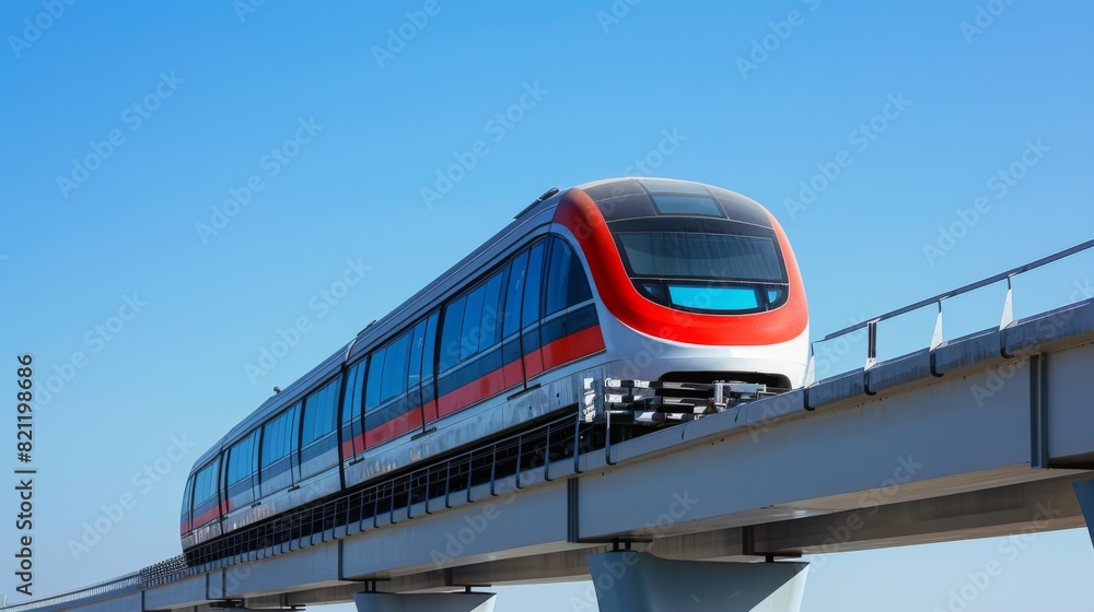 Modern electric train traveling on an elevated track against a clear blue sky. Modern electric train traveling on an elevated track against a clear blue sky.