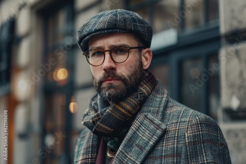 A man wearing a plaid scarf and a hat is standing in front of a building © Aliaksandr Siamko