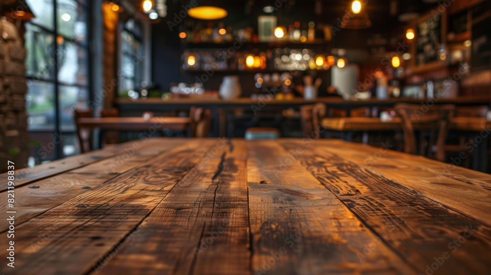 empty wooden tabletop with a blurred background of a bustling restaurant, perfect for showcasing food and drinks