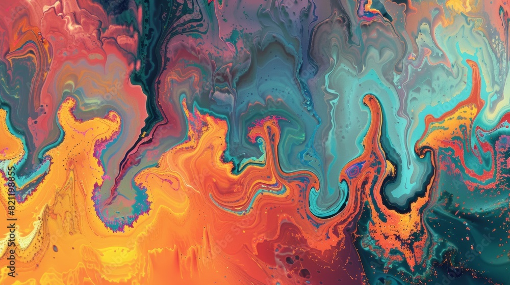 Conceptual abstract illustration with liquid tempera colors, glowing topographical map effect