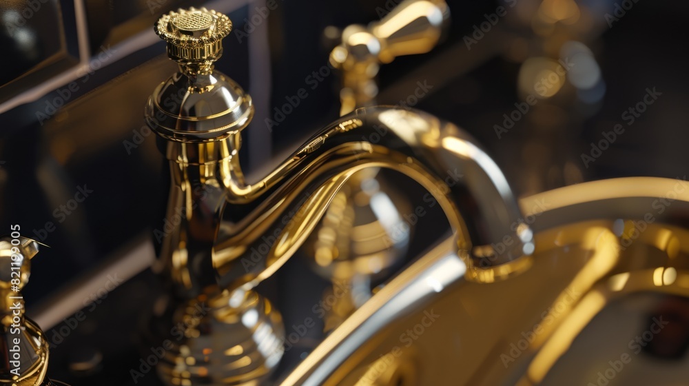 close-up view of the brass faucet, showing its shiny finish and elegant design generative ai