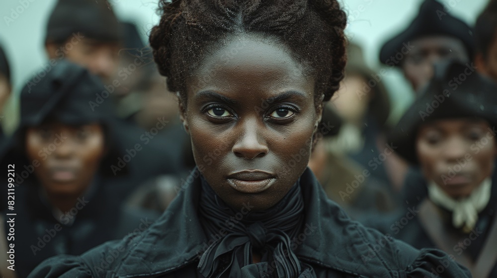 A woman in a black jacket with many other people behind her, AI A woman in a black jacket with many other people behind her, AI