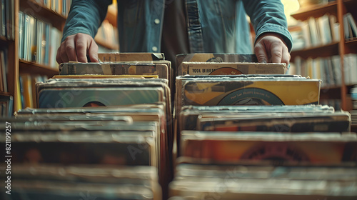 A man showcasing passion and nostalgia while collecting vintage records in a photo realistic concept, highlighting the timeless hobby