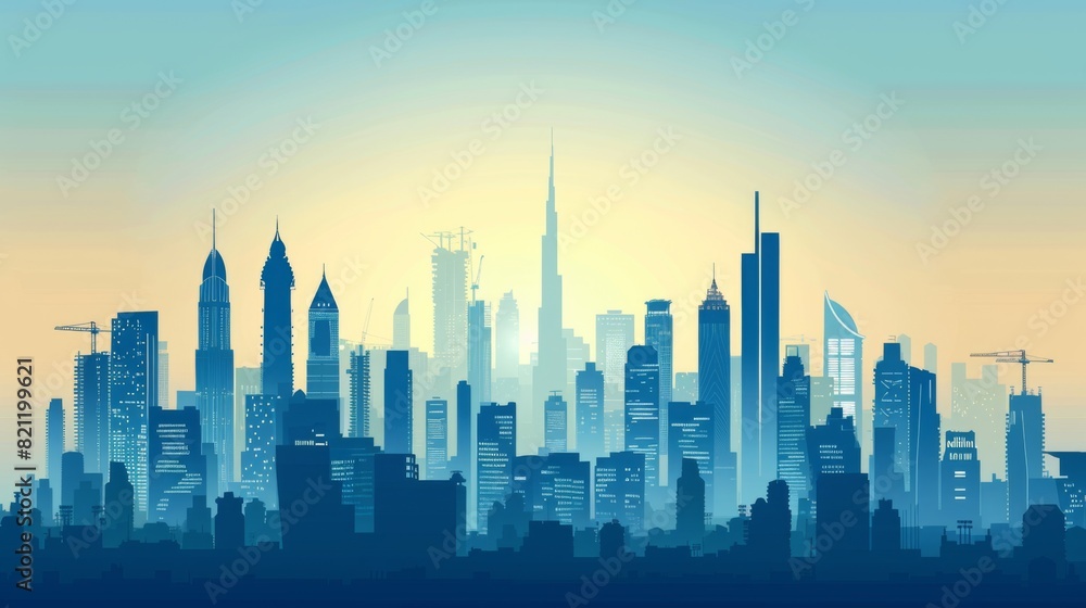 Panoramic skyline with iconic skyscrapers defining the silhouette of the city. Panoramic skyline with iconic skyscrapers defining the silhouette of the city.