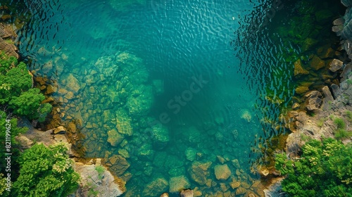 Aerial view of crystal-clear turquoise water surrounded by lush greenery and rocky terrain. Perfect nature shot for backgrounds or scenic articles.