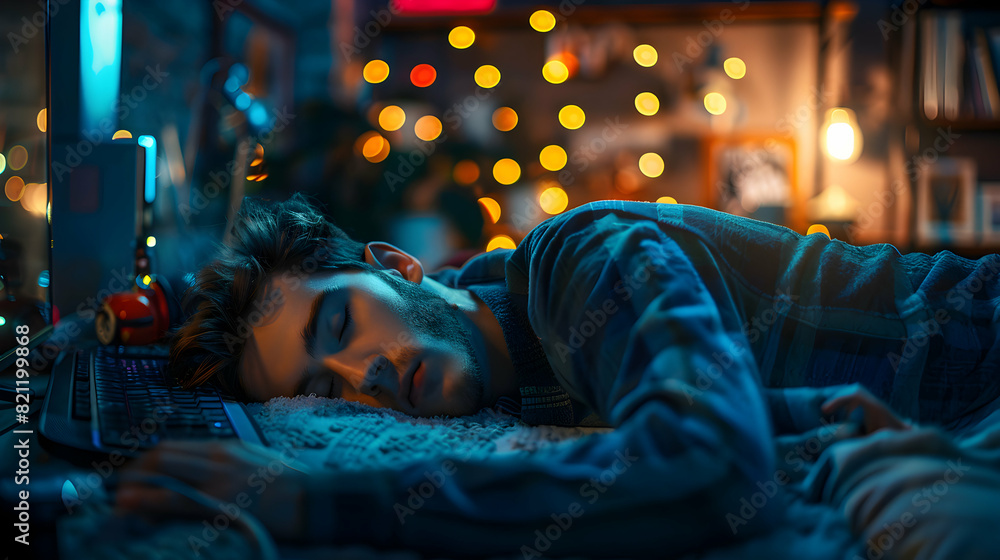 Photo realistic concept of Developer sleeping at keyboard in dimly lit office, illustrating dedication in software development Photo realistic concept of Developer sleeping at keyboard in dimly lit office, illustrating dedication in software development