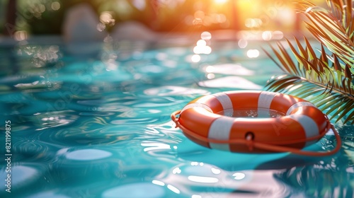Close-up of a striped lifebuoy resting on the edge of a pool, with sparkling water and palm fronds