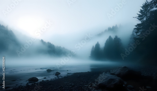 A foggy river surrounded by trees, with rocks on the shore and a misty blue atmosphere.