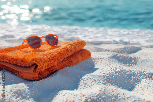 A 3D art piece features vibrant orange sunglasses on a towel by sparkling ocean water, evoking a sense of summer joy