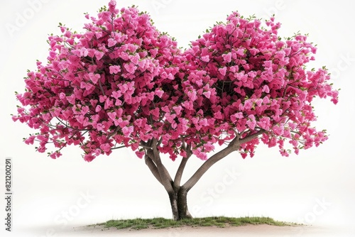 A charming heart-shaped tree in full bloom with pink flowers, placed in a serene garden with a simple white backdrop