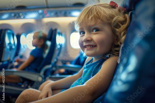 A young girl is sitting on an airplane seat with her mouth open