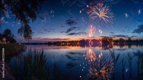 Panoramic view of fireworks reflecting in a calm lake on a summer night.
