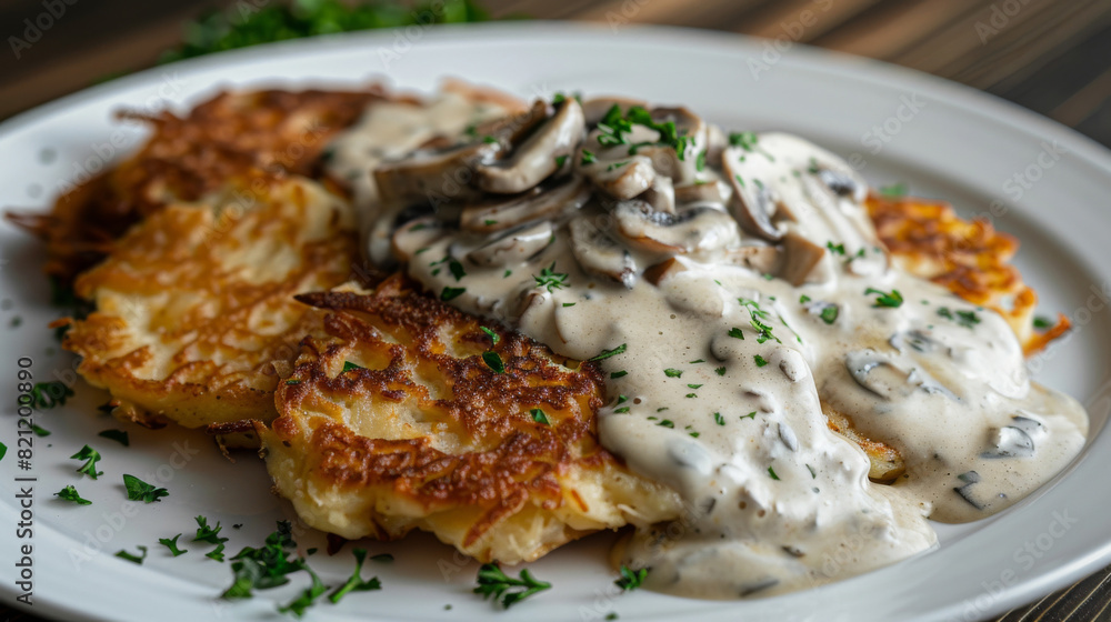 Savory ukrainian potato pancakes topped with creamy mushroom sauce and fresh herbs, presented on a white plate Savory ukrainian potato pancakes topped with creamy mushroom sauce and fresh herbs, presented on a white plate