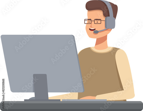 Cheerful male call center agent with a headset working at his desk