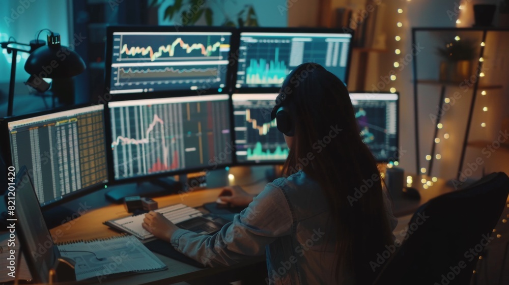 Person making notes while analyzing financial charts on a dual-monitor setup. Person making notes while analyzing financial charts on a dual-monitor setup.