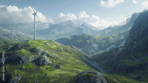 A wind turbine is standing tall on a hill in the fog