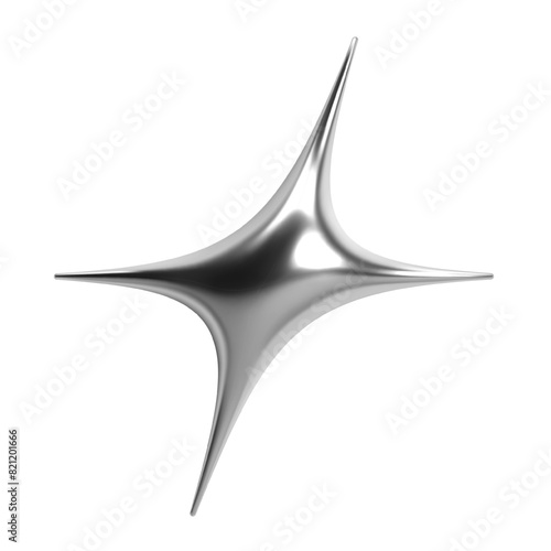 3D Y2K chrome abstract shape of a star with four spikes, spark or flash, shiny metallic glossy silver surface. Isolated render vector element for retro futuristic design, cyber space, galaxy aesthetic