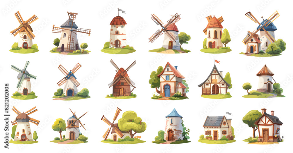 Cartoon Farmhouses, Windmills, and Barns Icon Set. Whimsical Illustrations for Children s Books, Fairy Tale Style, Fantasy Farm Scene, Simple Cartoon Style, White Background, Rural Landscape, Magical Cartoon Farmhouses, Windmills, and Barns Icon Set. Whimsical Illustrations for Children s Books, Fairy Tale Style, Fantasy Farm Scene, Simple Cartoon Style, White Background, Rural Landscape, Magical