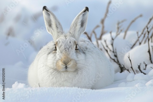Arctic Hare Camouflaged in Snow. Created with Generative AI.