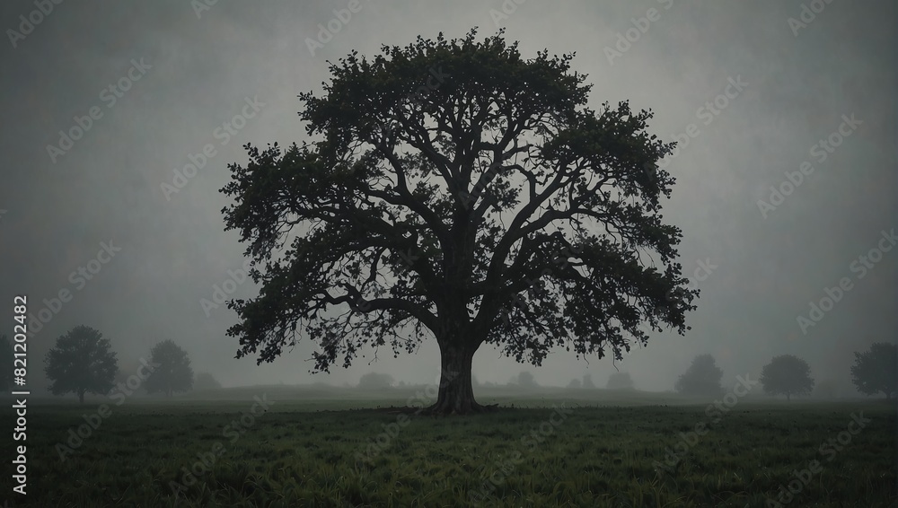 A lone tree in a field on foggy day with no people,. A lone tree in a field on foggy day with no people,.