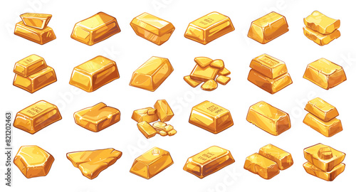Cartoon Gold Bars from Different Angles Icon Set on White Background. Simple Cartoon Style, Shiny Bullion Illustrations, Precious Metal Ingots, Vector Collection, Wealth Symbols, Financial Assets
