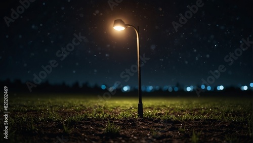 A lone street light in the middle of a field at night,.
