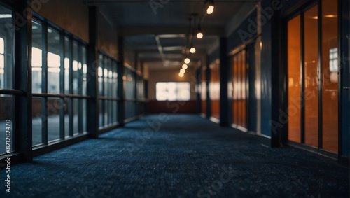 A long hallway with a blue carpet and orange windows,. © DEER FLUFFY
