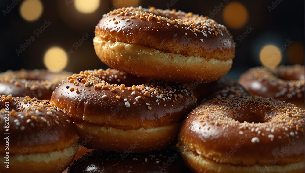 A close up of a pile of donuts on top of each other,.