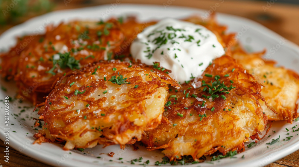 Close-up of homemade ukrainian potato pancakes, known as deruny, garnished with sour cream and fresh herbs on a white plate Close-up of homemade ukrainian potato pancakes, known as deruny, garnished with sour cream and fresh herbs on a white plate