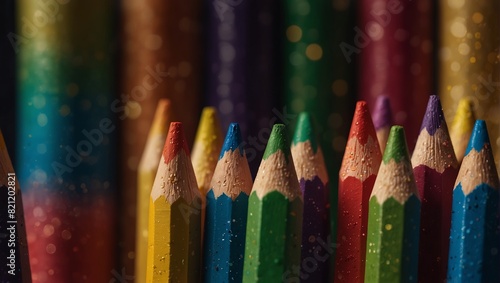 A close up of a row of colored pencils with sprinkles on them,. photo